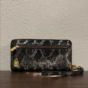 Fossil Black Snakeskin RFID Wristlet with Gold Hardware